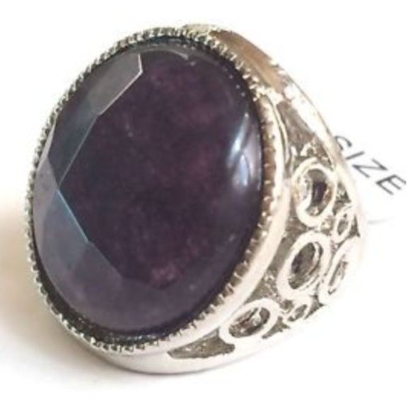 Silver Amethyst Deco Cocktail Ring Size 5 7 8 9 10 Natural Stone Purple Plated - Picture 1 of 8